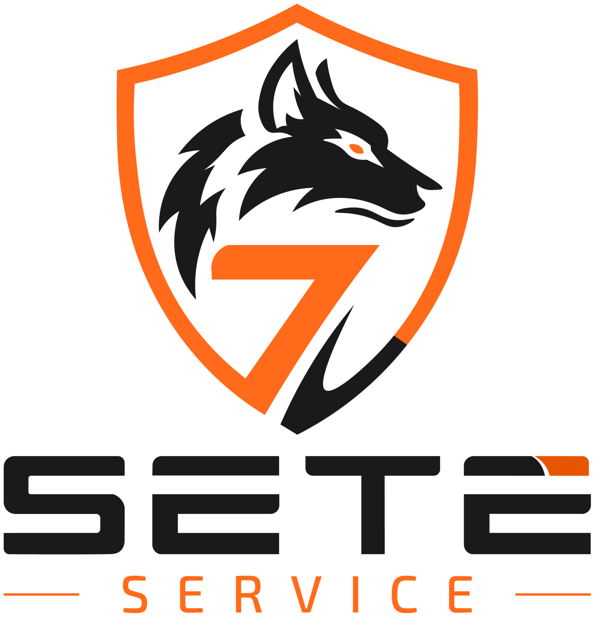 Logotipo da Sete Service: escudo com lobo preto e número sete laranja, com o nome da empresa escrito abaixo.