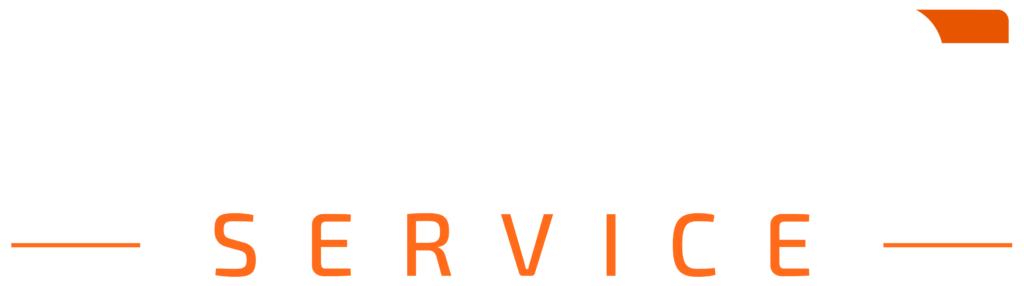 Logotipo da Sete Service em branco e laranja sobre fundo preto, com tipografia moderna e detalhes geométricos.