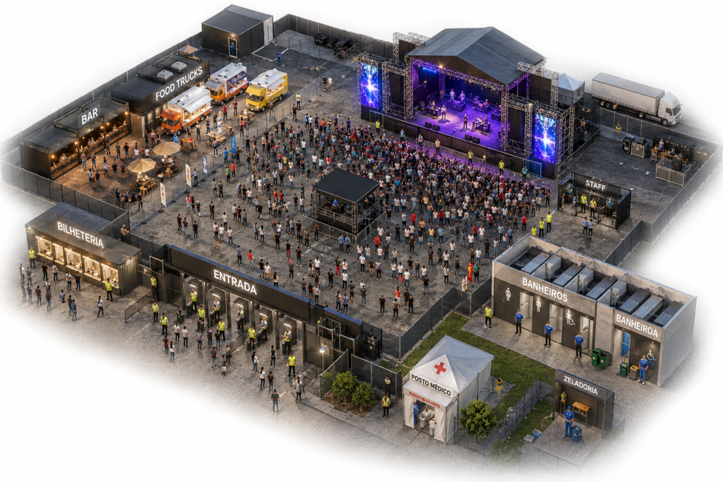 Ilustração isométrica de evento ao ar livre com palco, público, entrada, food trucks, posto médico e banheiros.