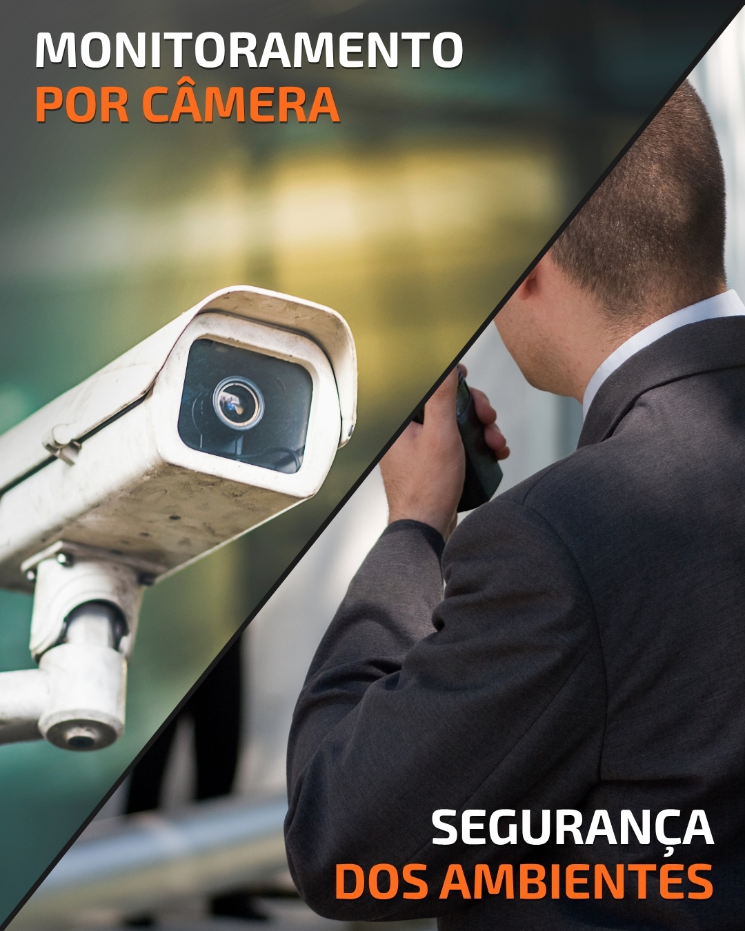 Imagem dividida com câmera de segurança e homem de terno com rádio, com os textos "MONITORAMENTO POR CÂMERA" e "SEGURANÇA DOS AMBIENTES".