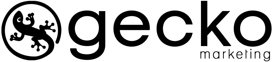Logotipo da Agência Gecko em preto: ícone circular com silhueta de osga à esquerda do nome da empresa.
