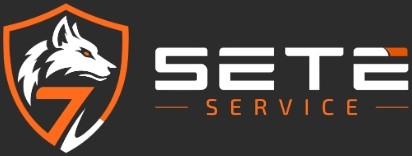 Logotipo horizontal da Sete Service em fundo escuro: escudo com lobo branco à esquerda e nome da empresa ao lado.